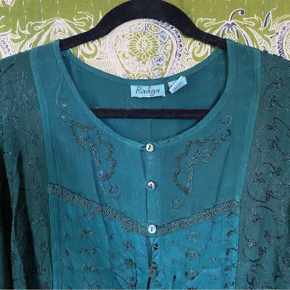 Y2K Raaga Emerald Green Whimigoth Cottage Button Down Blouse Size Medium - Picture 2 of 16